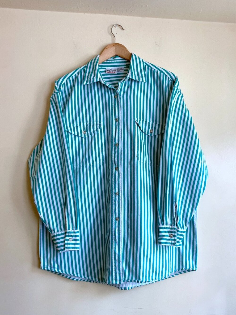 VINTAGE Denim Republic Green Striped Button Down Shirt Women's Size Large